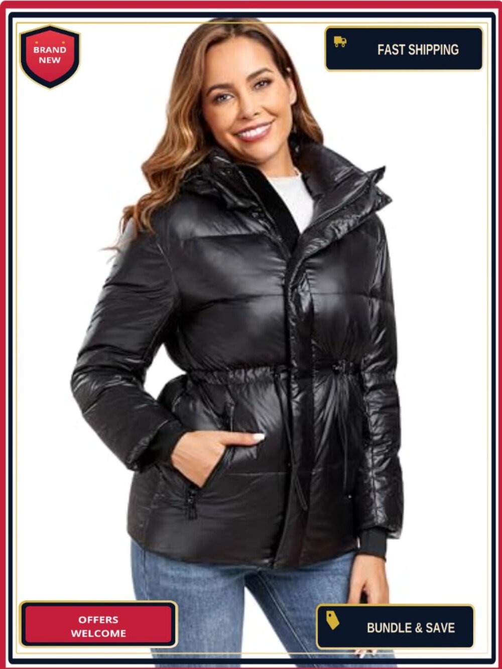 Women's Puffer Jacket Duck Down Hooded Drawstring Waist Winter Coat